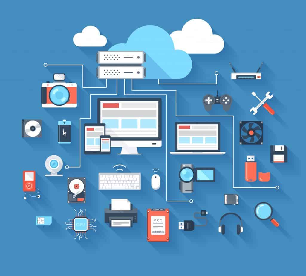 What is edge computing? Vector illustration of hardware and cloud computing concept on blue background with long shadow.